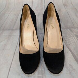 Prada Women's US 7.5 Black Suede Leather Round Toe Slip-On Stiletto Pump Heel